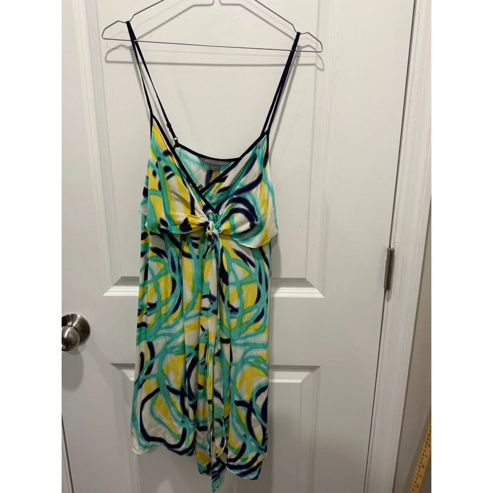 Armani Exchange Womens Silk Slip Dress Abstract Swirl Yellow Teal Size 6